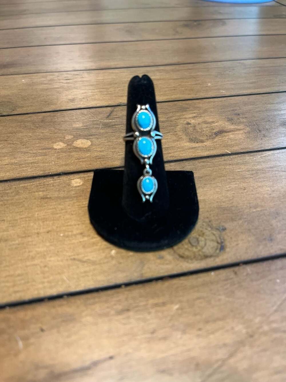 Vintage Native American Sterling Silver 3 Stone Turquoise Dangle Ring Size 6.5